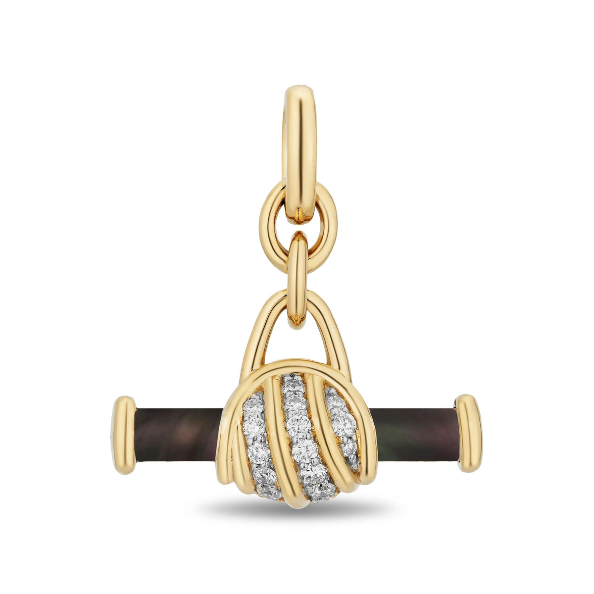 A gold charm bar pendant, featuring a dark iridescent inlay bar and diamond pavé stones on the center of the bar, shown on a white background.