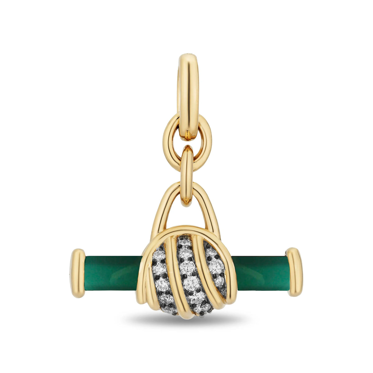 A gold charm pendant featuring a tennis ball design with a green onyx, clear pavé stones, and a top loop, shown on a white background.