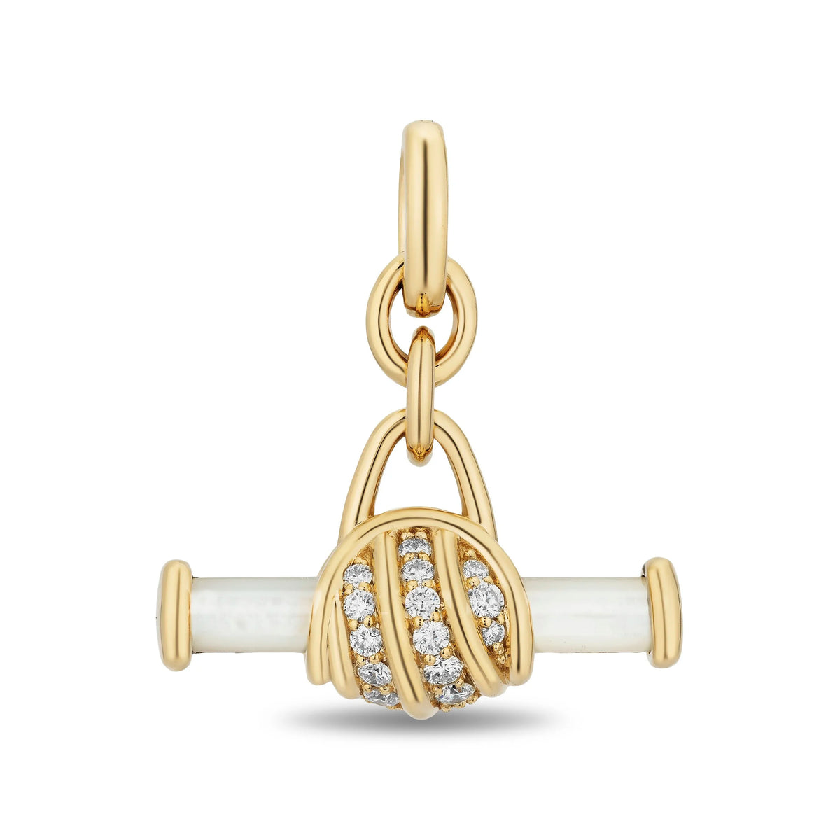 A gold bar pendant with a row of diamonds pavé stones on one side and a white mother of pearl inlay on the other, suspended from a gold bail on a white background.