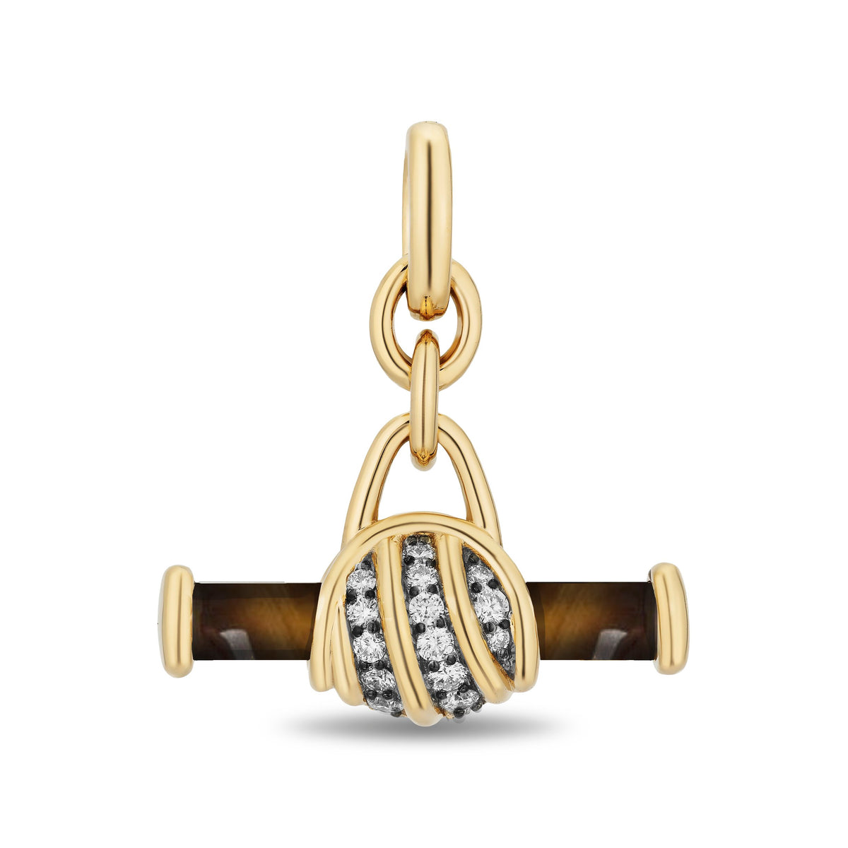 A gold charm bar pendant with pavé-set diamonds, wrapped around a horizontal bar with dark brown tiger's eye inlays, on a white background.