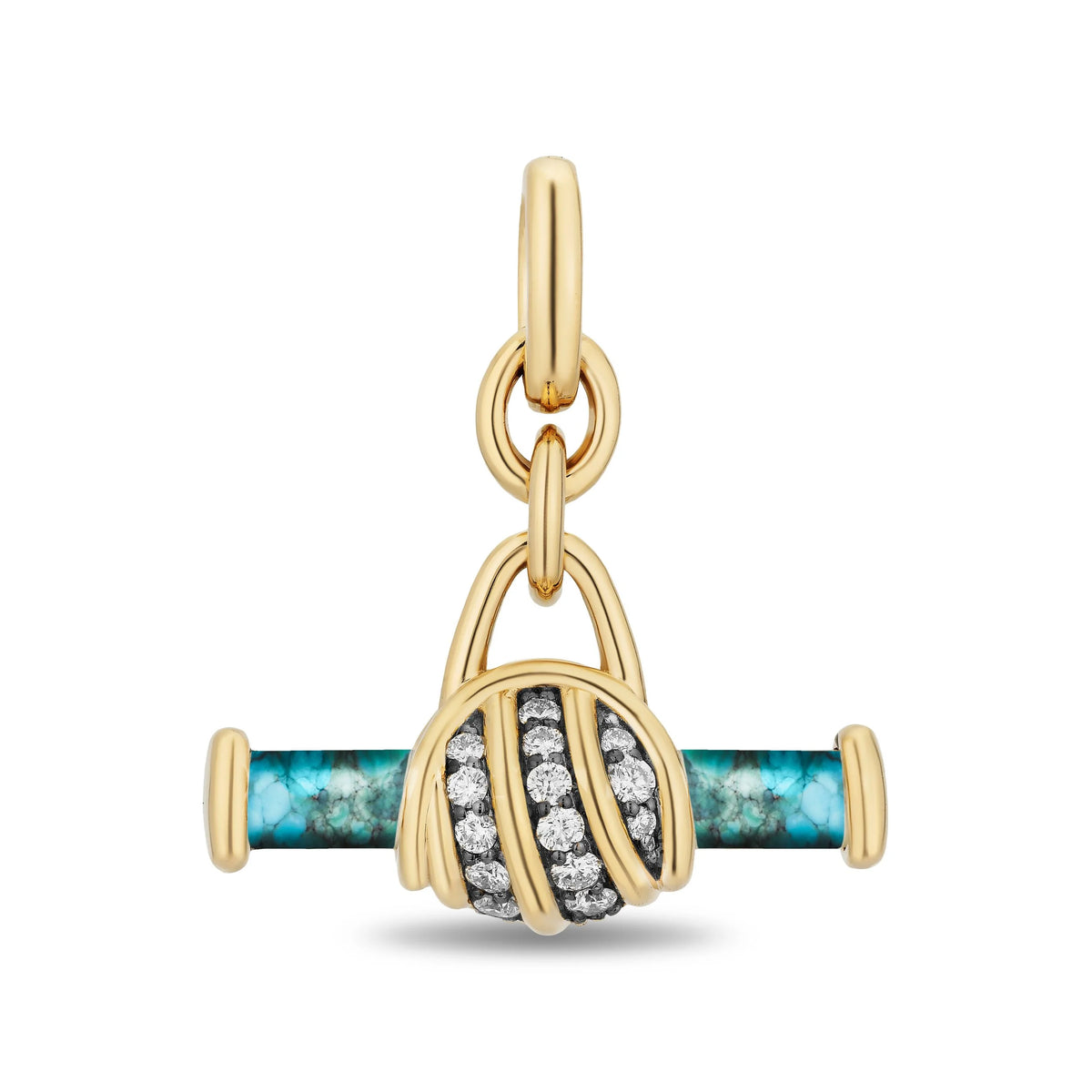A gold charm horizontal bar pendant, featuring a turquoise-blue inlay and diamond pavé-set stones on the front, shown on a plain white background.