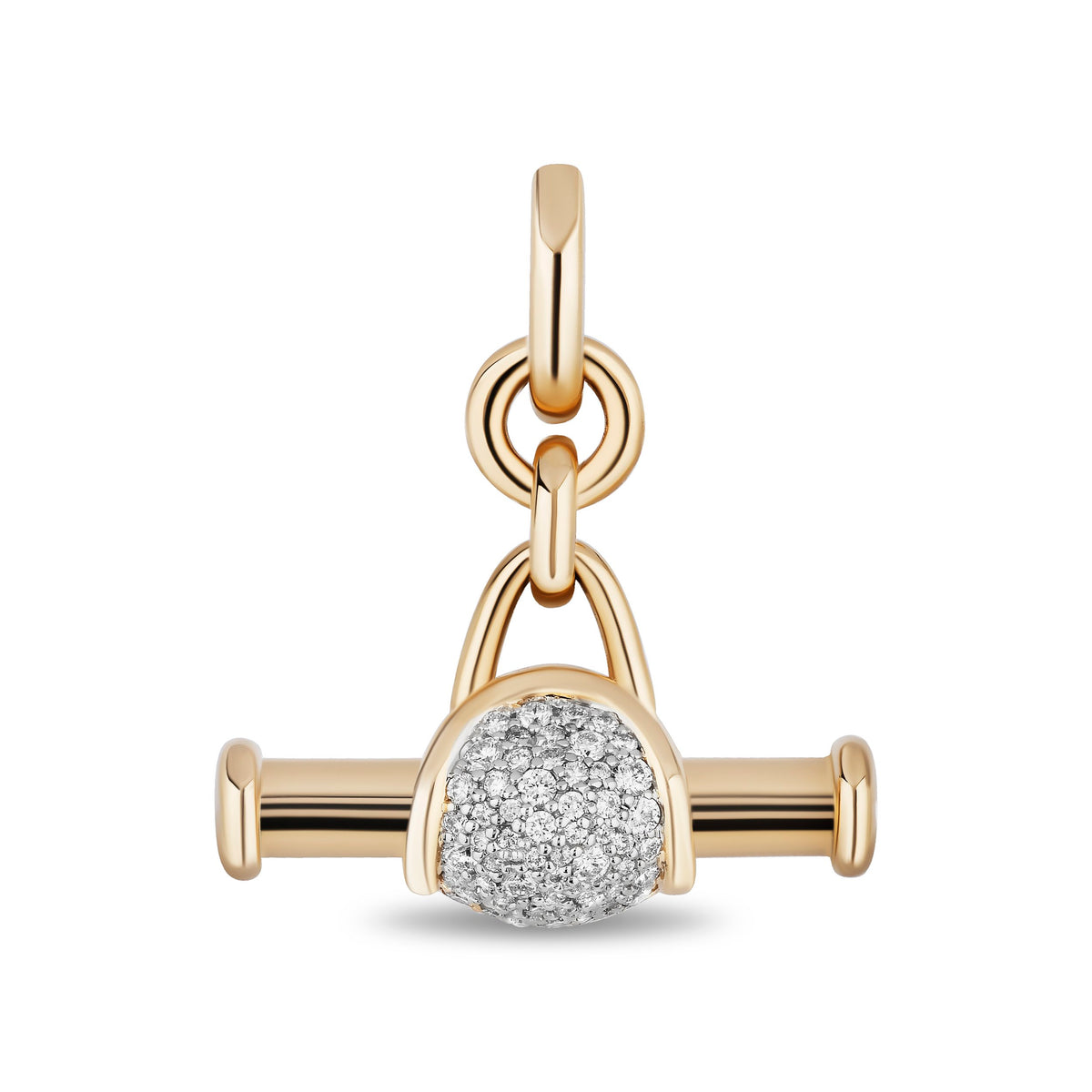 A gold-toned jewelry charm featuring a horizontal bar with a round pavé-set clear stone in the center, suspended from a small loop, shown on a plain white background.