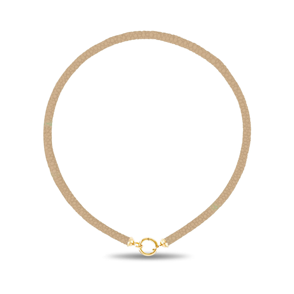 A delicate tan sting ray leather necklace with a small gold clasp, displayed in a circular shape against a white background.