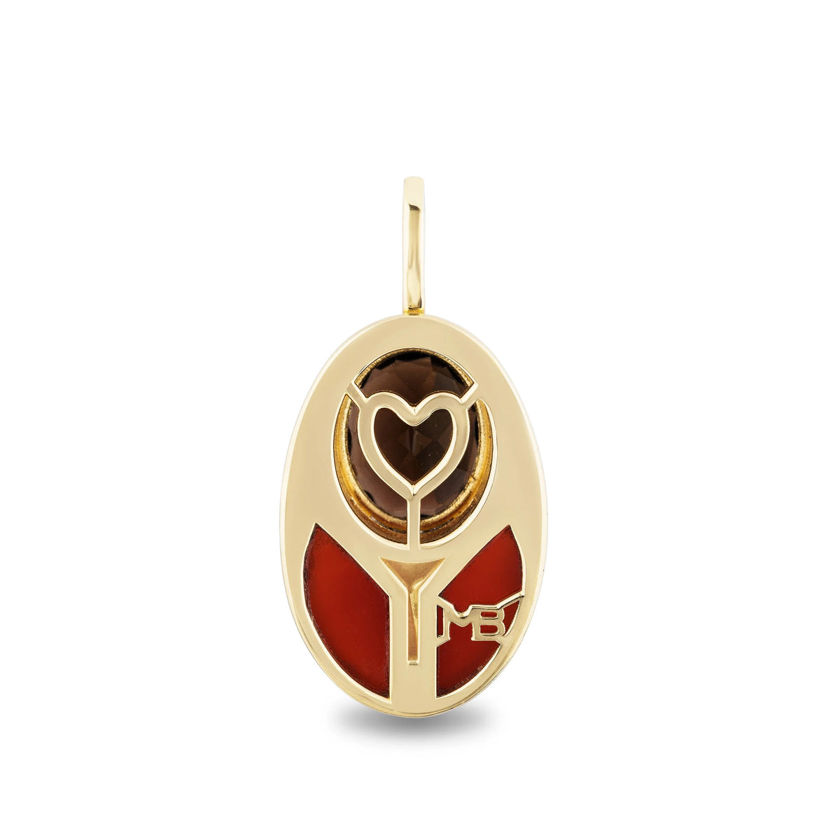 A big love bug pendant featuring a tulip design with a heart-shaped cutout, red enamel accents, and a small 'MB' monogram, shown on a clean white background.