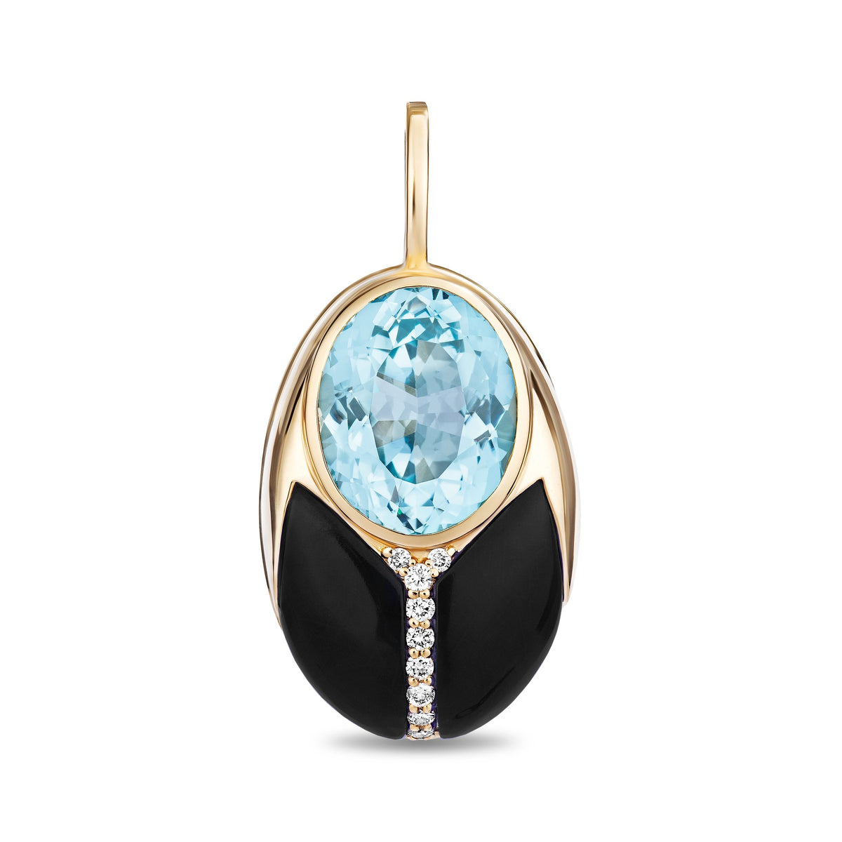 An oval pendant featuring a large oval-cut light blue gemstone, a black enamel lower half, and a gold-tone frame with a small row of clear stones down the center, shown on a white background.