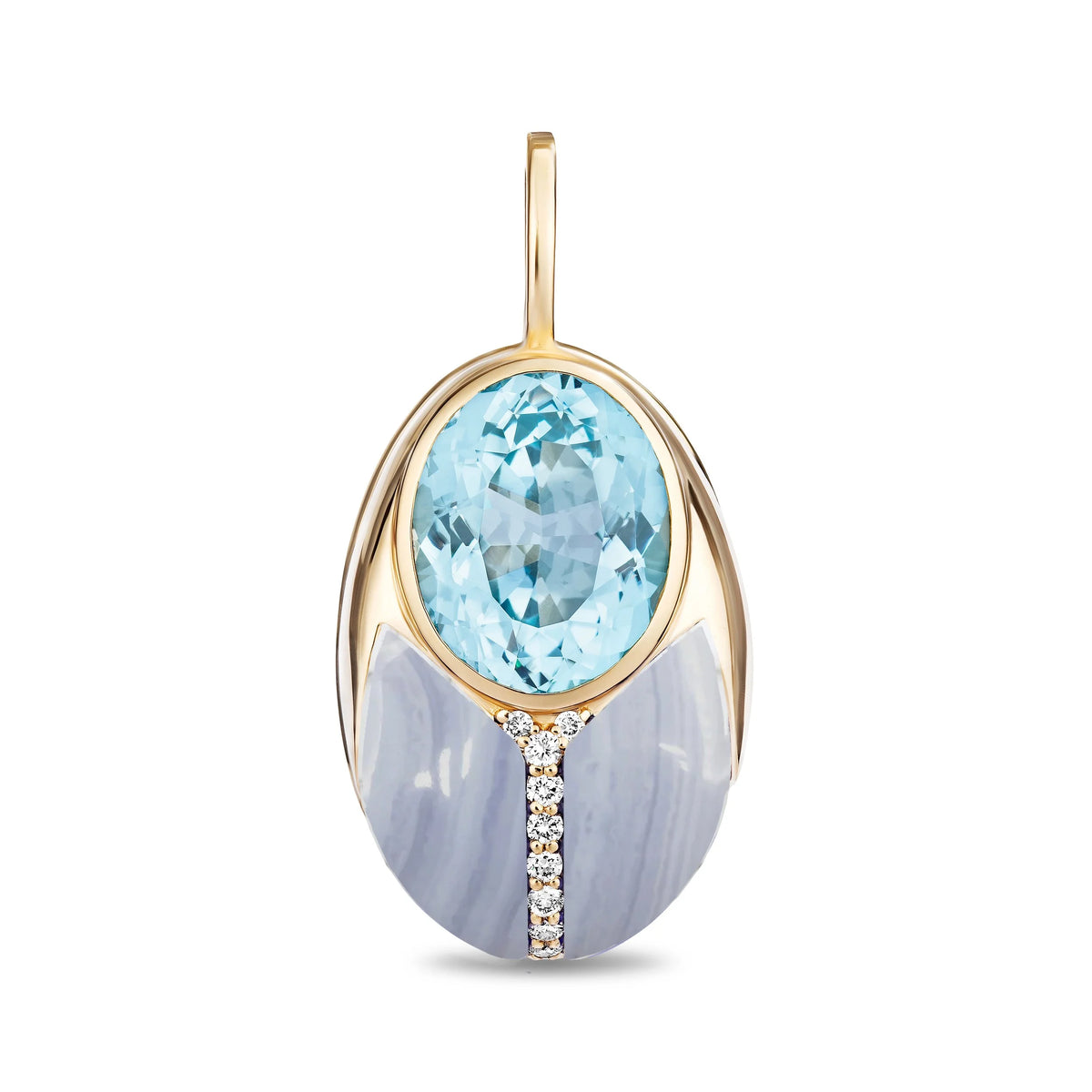 An oval pendant featuring a light blue topaz stone, a pale lavender-gray marbled inlay, and a channel of small clear stones, set in yellow gold with a hanging loop at the top, shown on a white background.