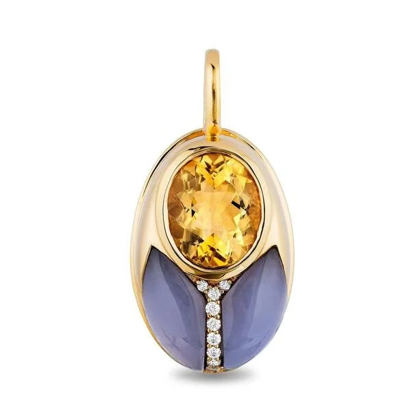 A big love bug pendant featuring a large oval-cut yellow citrine center stone and two teardrop-shaped lavender-blue stones below, separated by a small diamond-accented vertical line, on a white background.