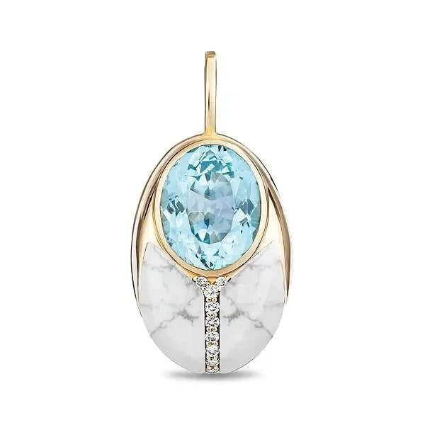 An oval pendant featuring a large light blue marquise-cut gemstone, a white marble lower section with subtle gray veining, and a gold-tone frame with a small channel of clear stones.