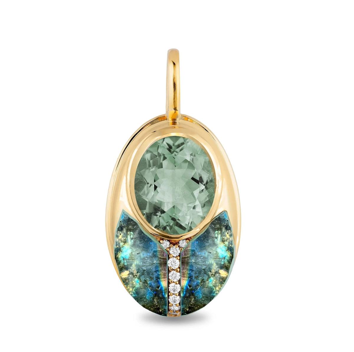 A gold pendant featuring a large oval-cut light green gemstone on top and a curved lower section with iridescent blue-green opal-like inlay and a small vertical row of clear stones, shown on a white background.