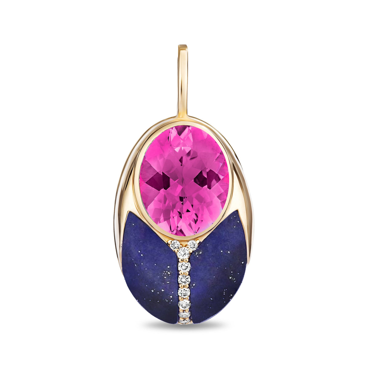 An oval pendant featuring a faceted pink top stone, a deep blue lower section, and a small line of clear stones in the center, set in a yellow gold frame with a bail at the top.