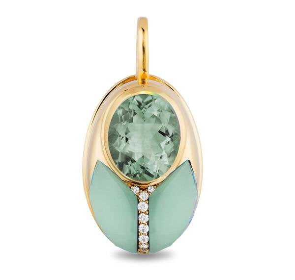 A big love bug pendant featuring a large oval-cut prasiolite gemstone at the top and two curved mint opal sections below, separated by a small vertical row of clear stones, shown on a white background.