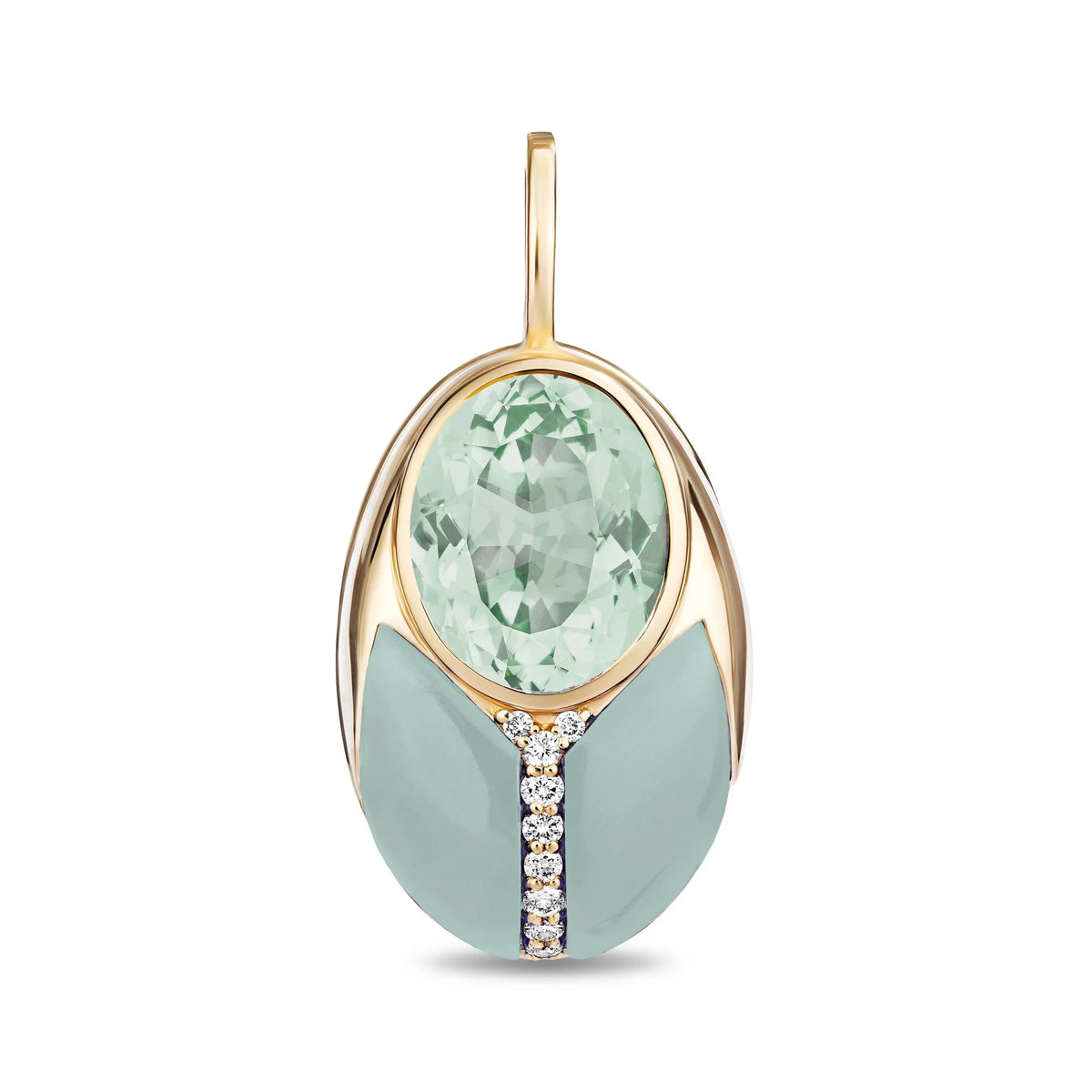 An oval pendant featuring a large faceted light green gemstone at the top, a gold-tone setting, and two smooth pale mint-green leaf-like sections below, separated by a small row of clear stones. The pendant is shown on a plain white background.