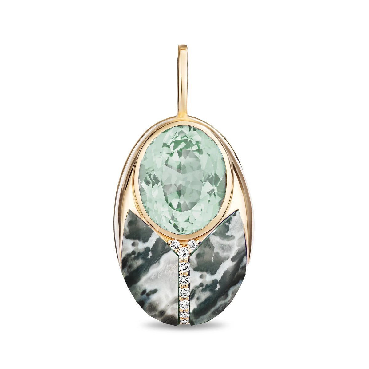 An oval pendant featuring a light green faceted gemstone in a gold bezel, with a split lower section containing a black and white marbled stone and a small line of clear stones, shown on a plain white background.