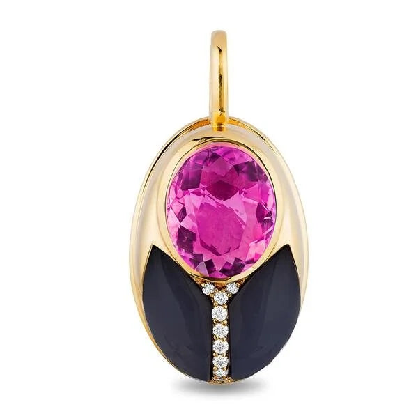 A big lovebug pendant featuring a large oval-cut pink gemstone, dark navy blue stones, and a small line of clear stones, shown on a plain white background.
