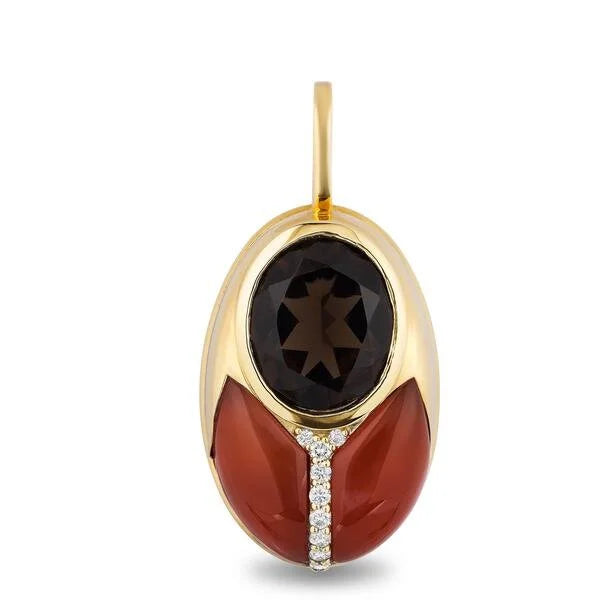 A love bug pendant featuring a dark brown faceted gemstone on top of two curved reddish-brown cabochon stones, separated by a small vertical line of clear crystals, on a white background.