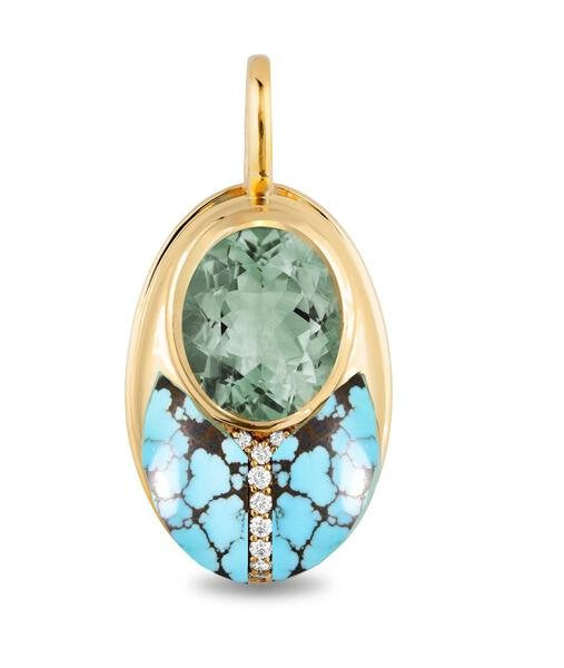 An big love bug pendant featuring a faceted light green gemstone on the upper half and a turquoise and black marbled pattern on the lower half, accented with small diamonds down the center.