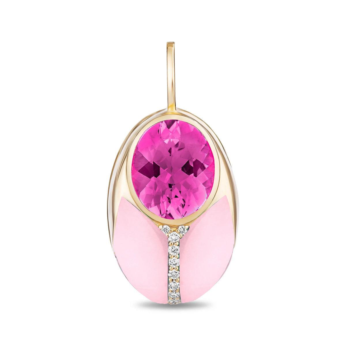 A gold pendant featuring a large oval-cut pink gemstone surrounded by a gold frame, with a light pink enamel lower section and a small diamond-accented vertical bar, shown on a white background.