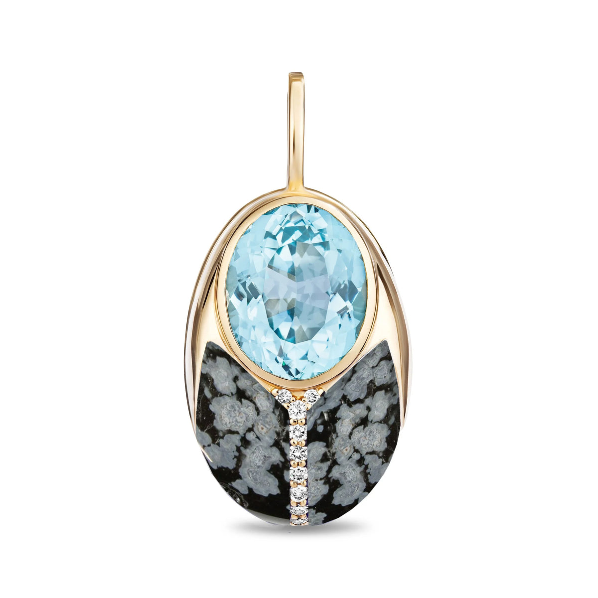 A gold pendant featuring an oval-cut light blue topaz gemstone at the top, set over a black and gray mottled stone base with a small diamond accent line.