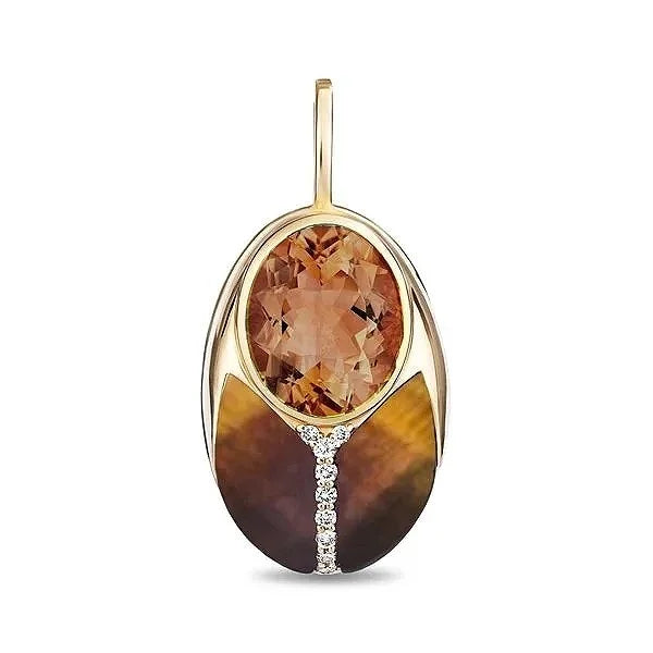 An oval pendant featuring a large faceted orange-brown central stone, a dark brown lower section, and a small line of clear stones along the center, set in a gold-tone frame on a white background.