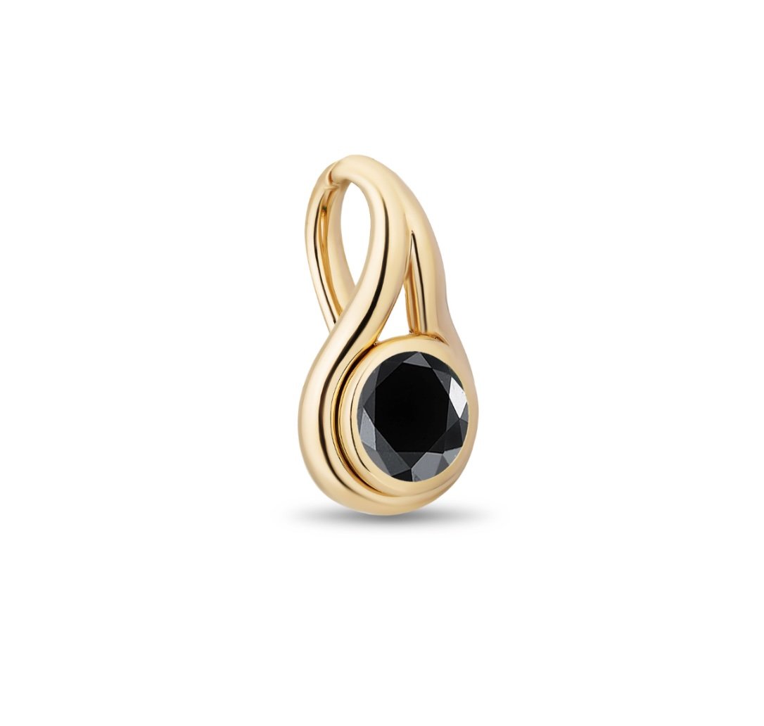 A gold lasso pendant charm featuring a round, bezel-set black diamond, shown on a clean white background.