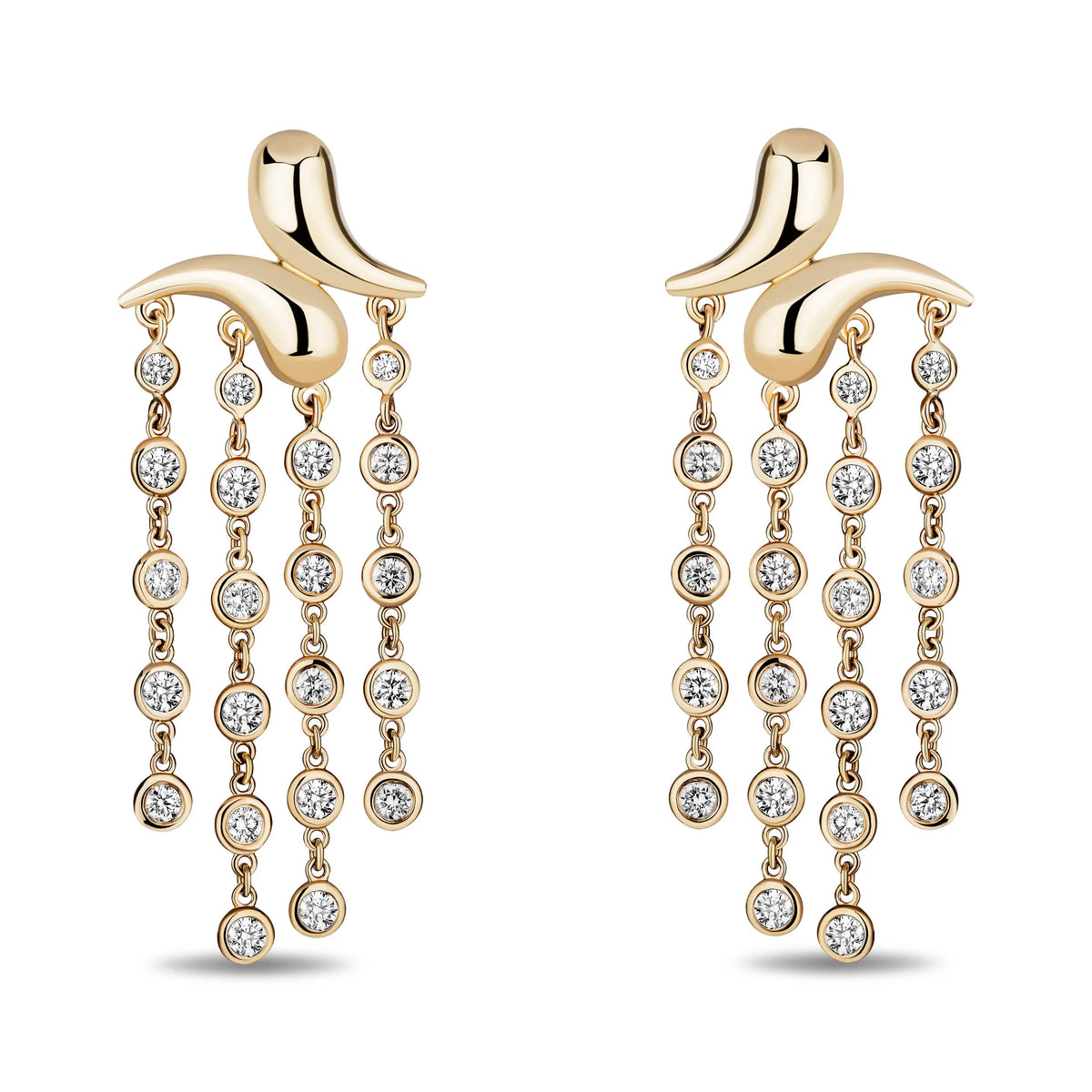 A pair of gold dangle earrings with multiple chains of round diamonds, shown on a plain white background.
