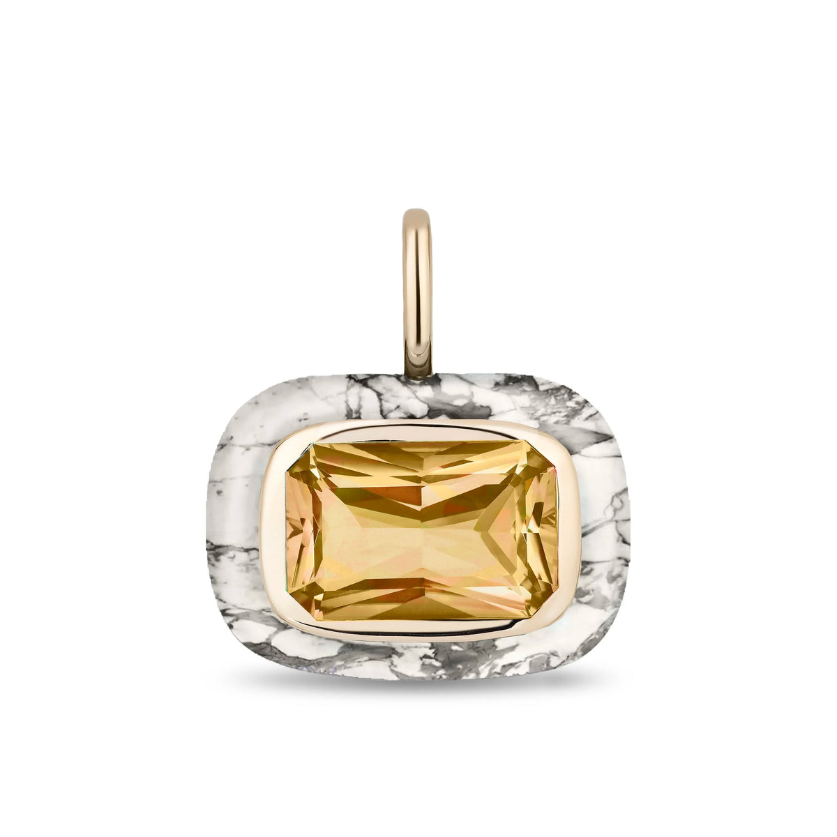 A rectangular cushion-cut pendant featuring a central honey citrine surrounded by a gold bezel and a textured white and gray marbled outer border, with a gold bail at the top, shown on a plain white background.