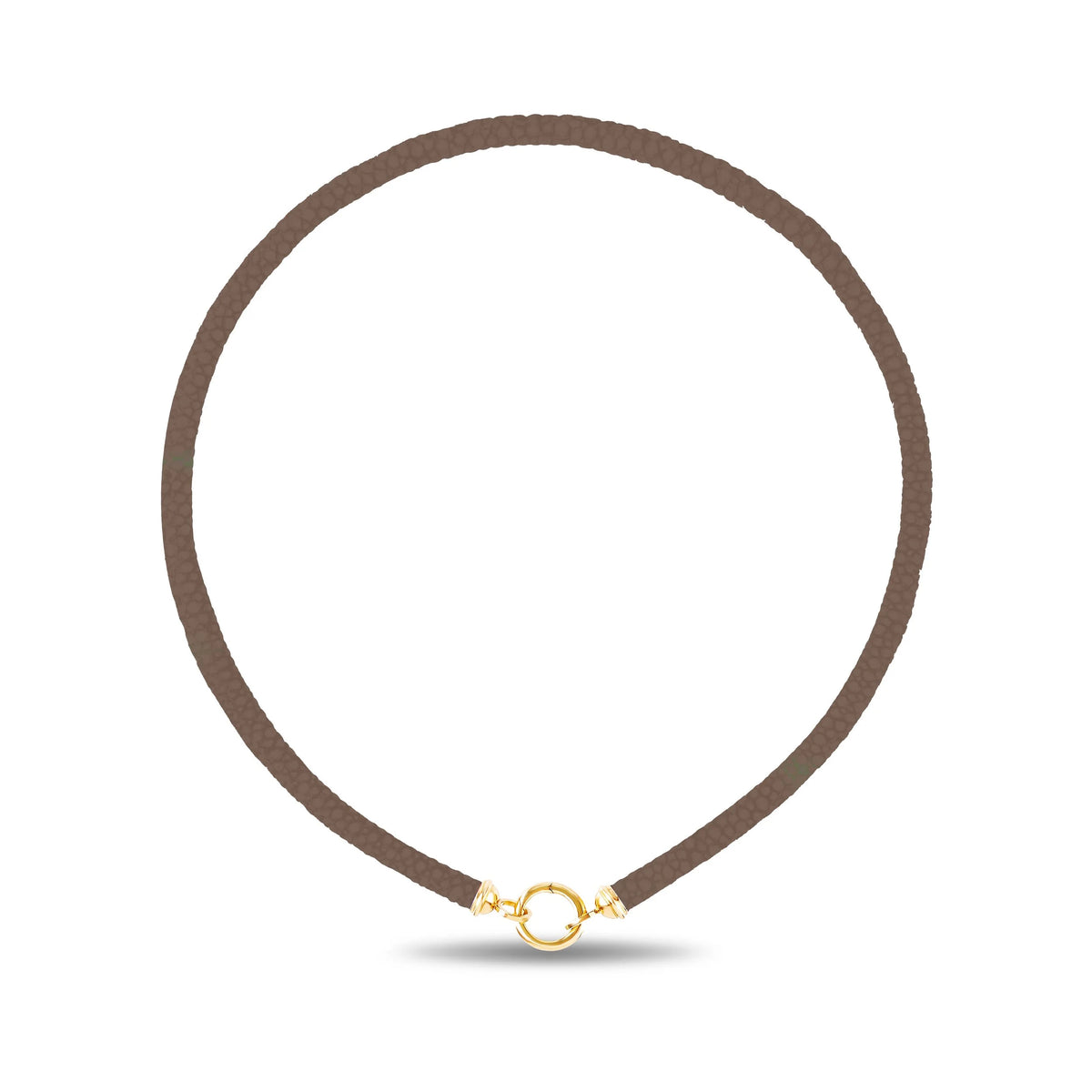 A brown sting ray leather necklace with a small gold ring clasp, shown on a plain white background.