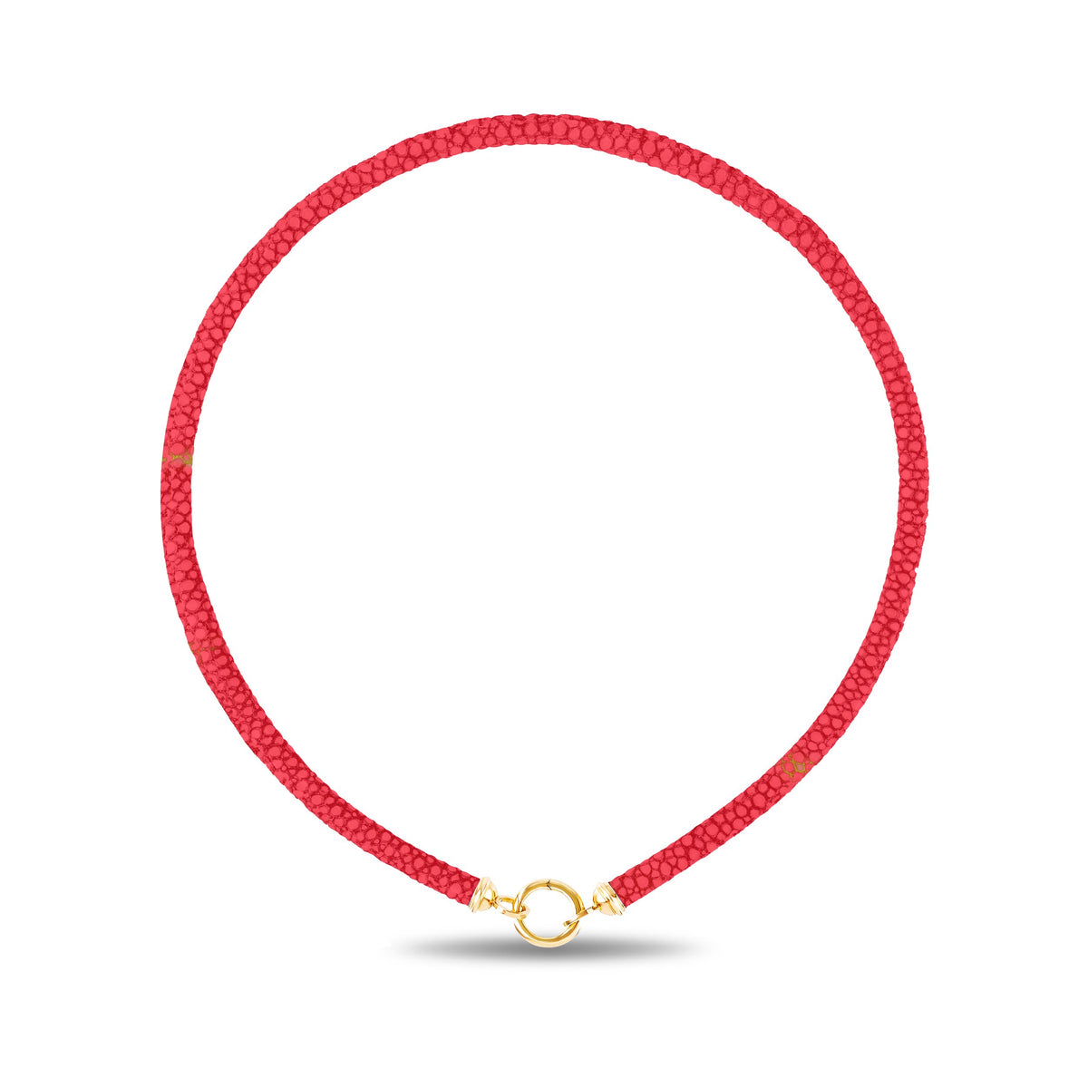A coral sting ray leather cord necklace with a small gold ring clasp, displayed on a clean white background.