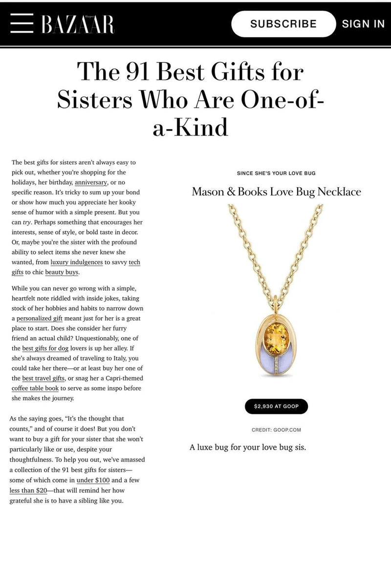 Page from Harper's Bazaar featuring gift ideas for sisters, with a necklace image and price.
