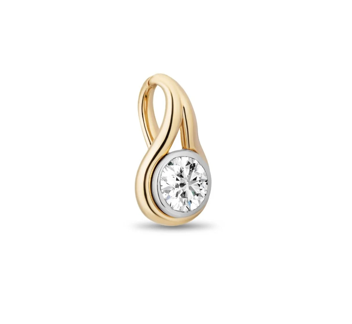 A two-tone gold pendant featuring a round-cut diamond in a white gold bezel setting, in yellow gold, shown on a plain white background.