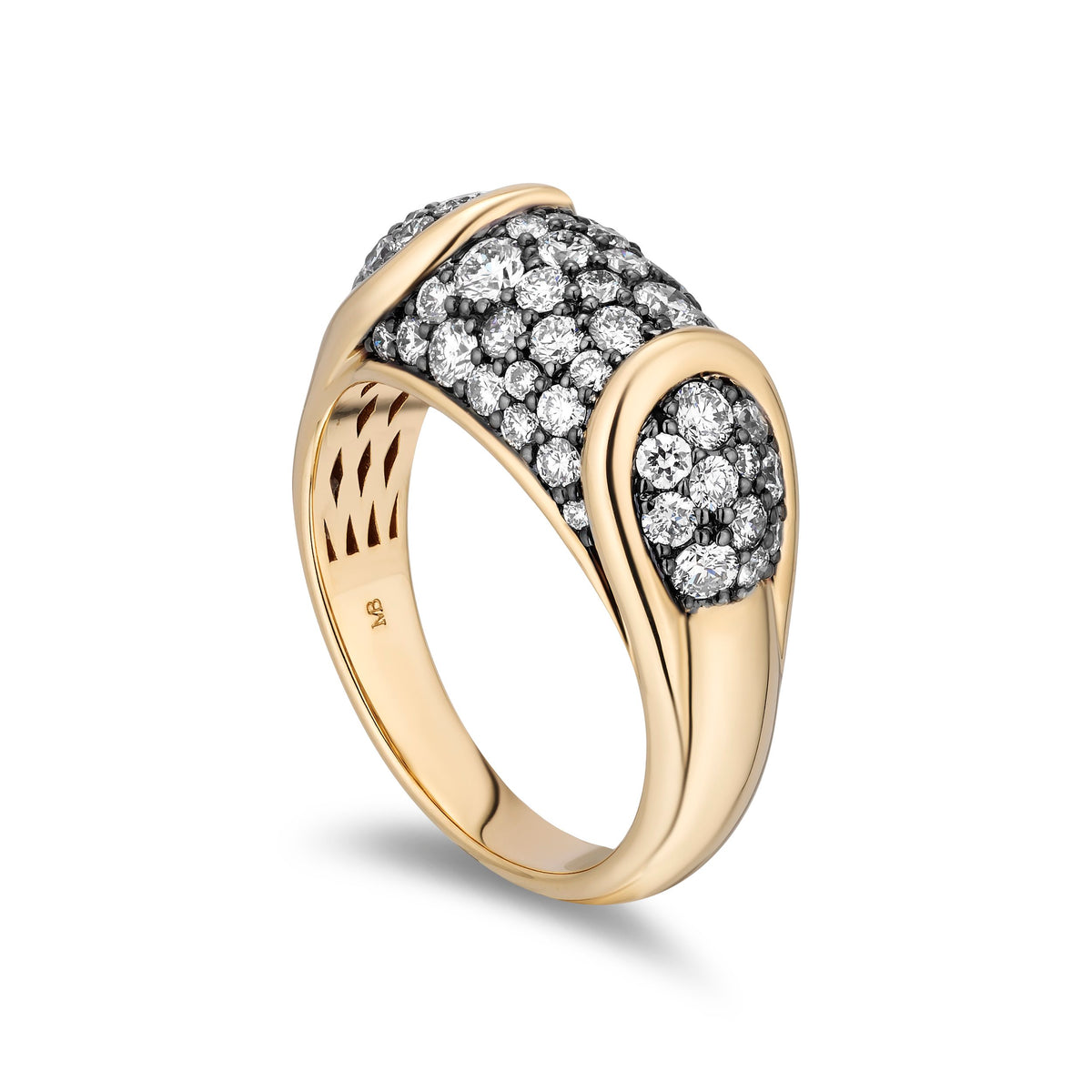 A yellow gold ring featuring a curved pavé setting with clear gemstones on the top half, with one side partially opened to reveal a textured inner band. The ring is photographed on a clean white background with a soft shadow.