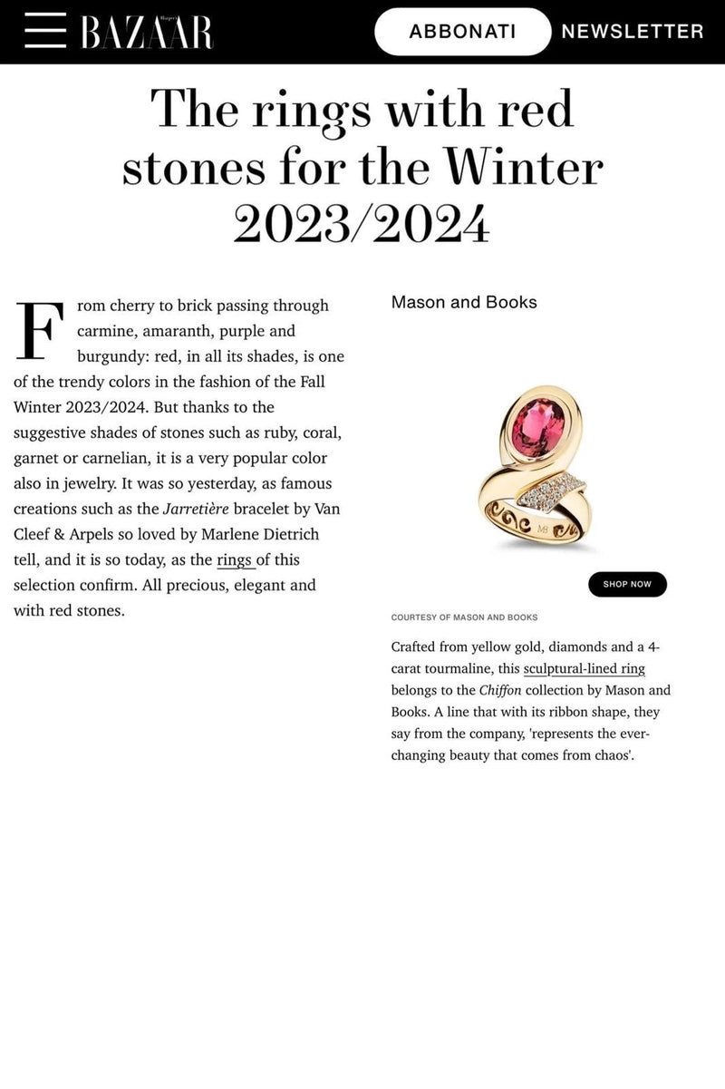 An article from Harper's Bazaar about jewelry featuring red stones for winter 2023/2024.