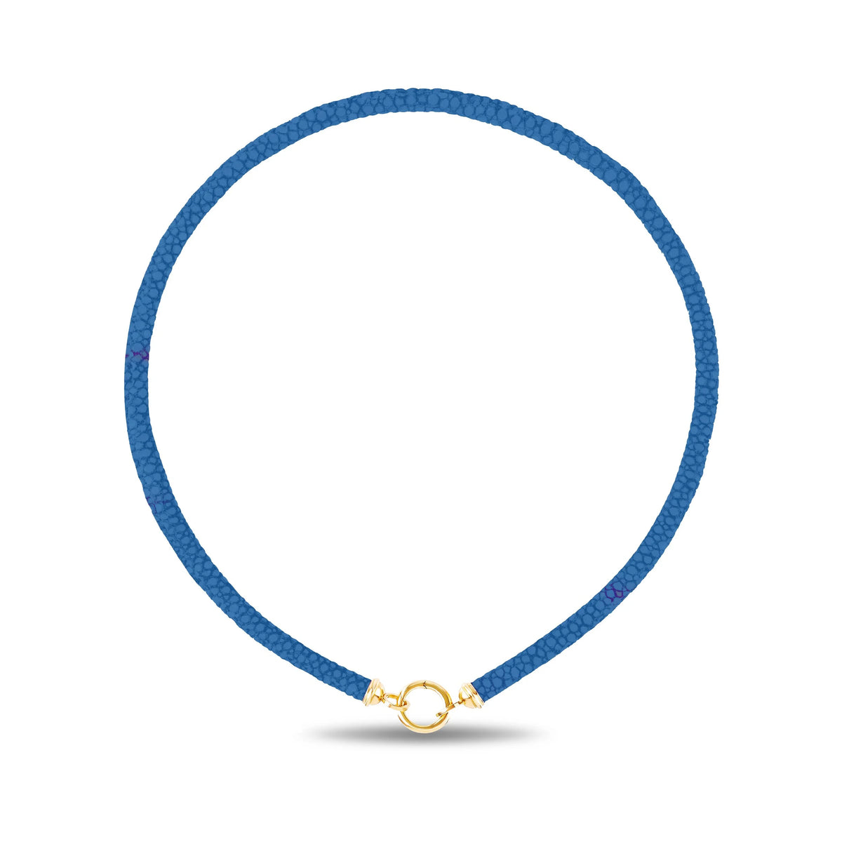 A blue sting ray leather necklace with a small gold clasp, displayed on a clean white background.