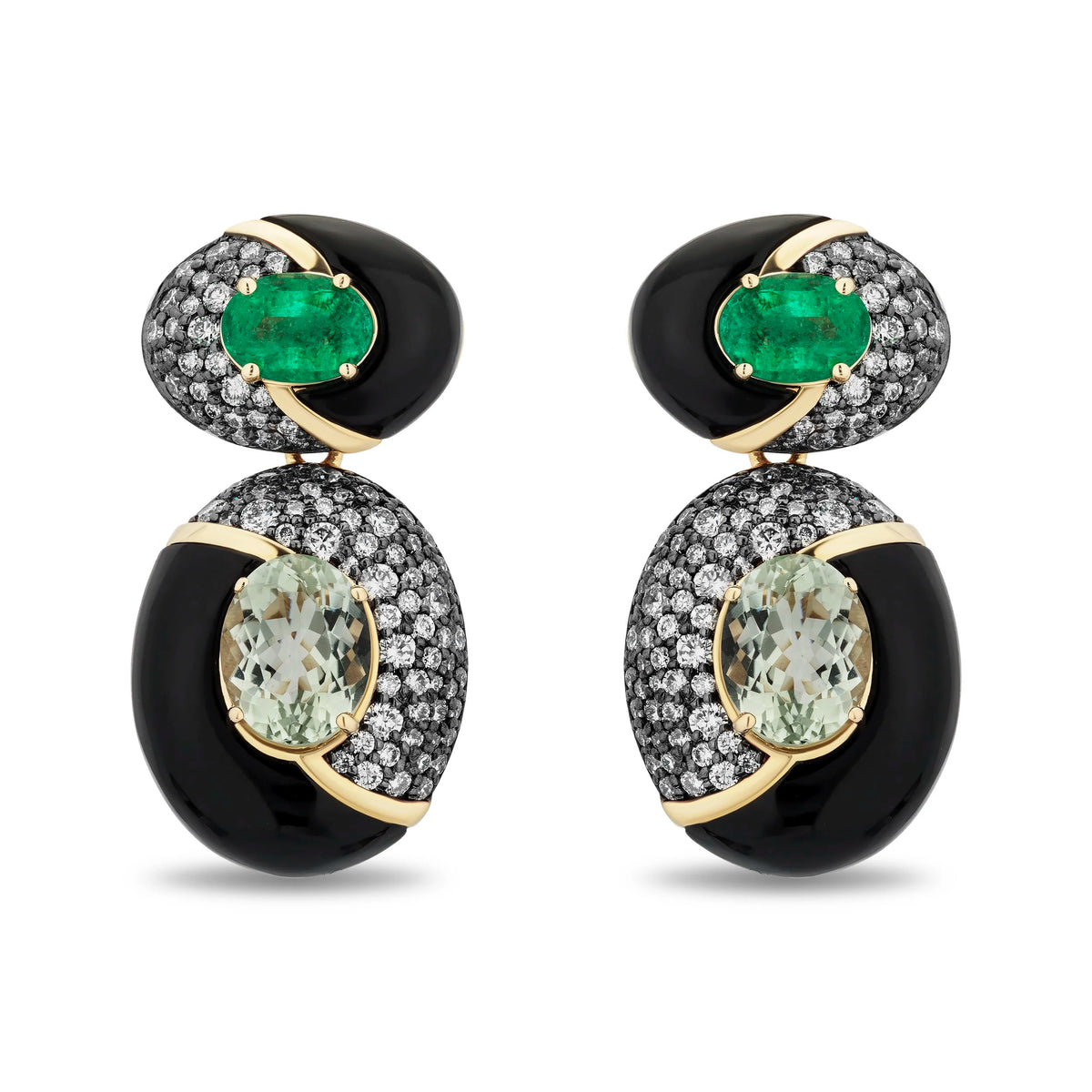 A pair of drop earrings featuring oval black enamel and pavé diamond settings with a green emerald-cut center stone on the top oval and a light green marquise-cut center stone on the bottom oval, set in yellow gold.