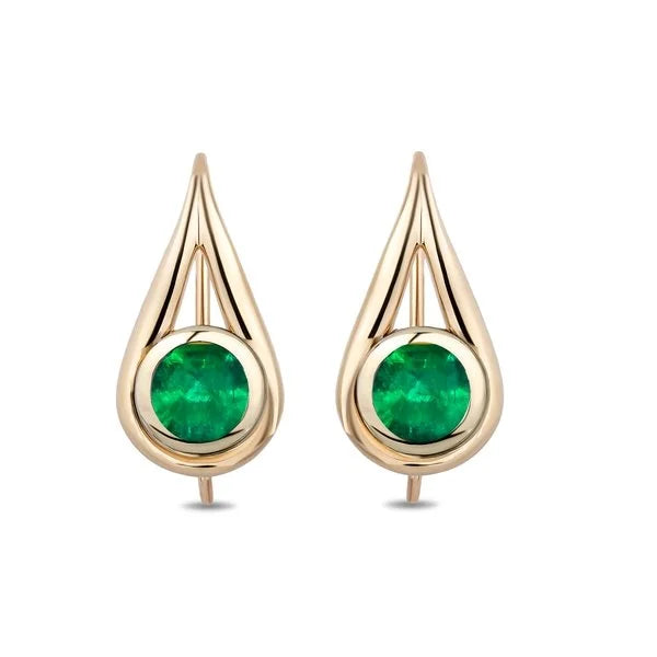 A pair of gold teardrop-shaped stud earrings with round green emerald-cut gemstones, shown on a plain white background.