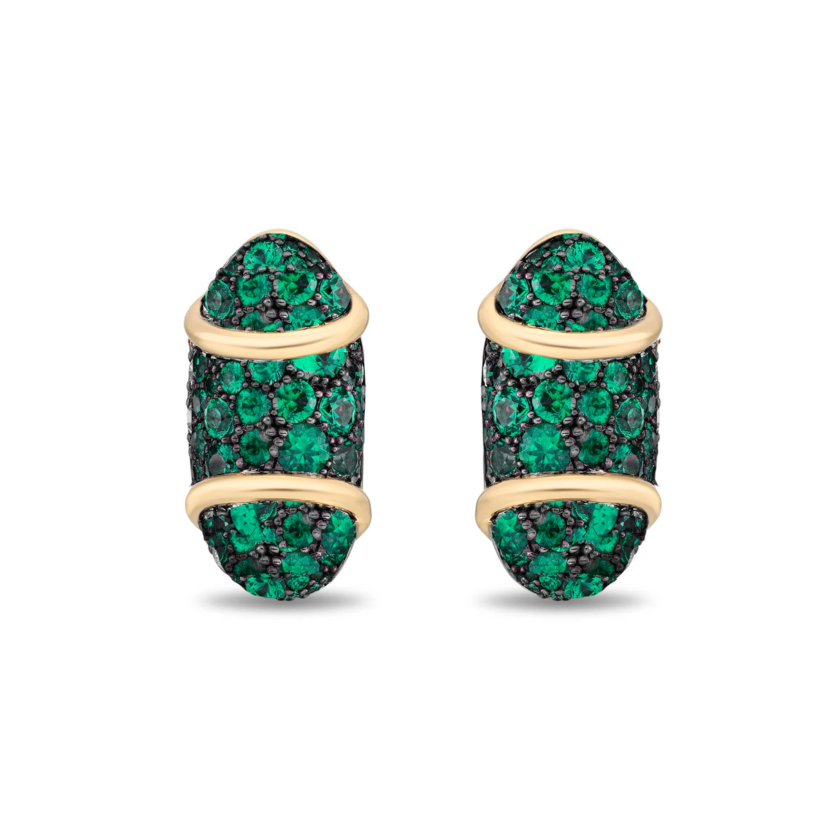 A pair of gold hoop earrings with marquise-cut green gemstone pavé settings, shown on a clean white background.