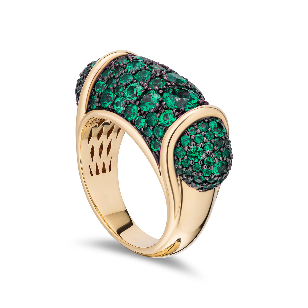 A yellow gold ring featuring a curved pavé setting with round green emeralds, shown on a clean white background.