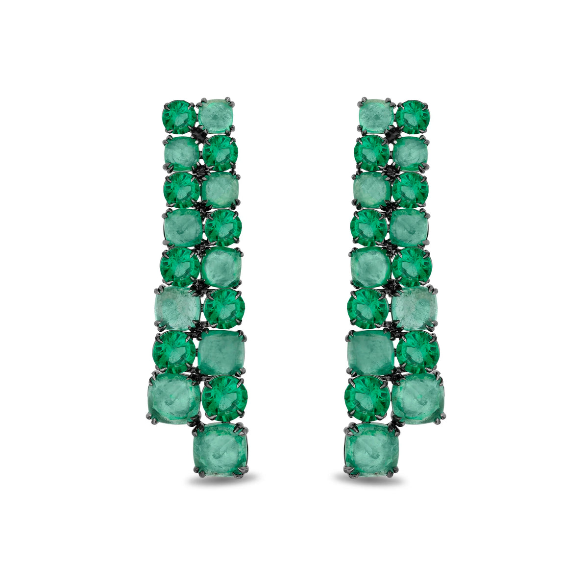 A pair of drop earrings featuring a vertical stack of green cubic zirconia stones in a dark metal setting, shown against a plain white background.