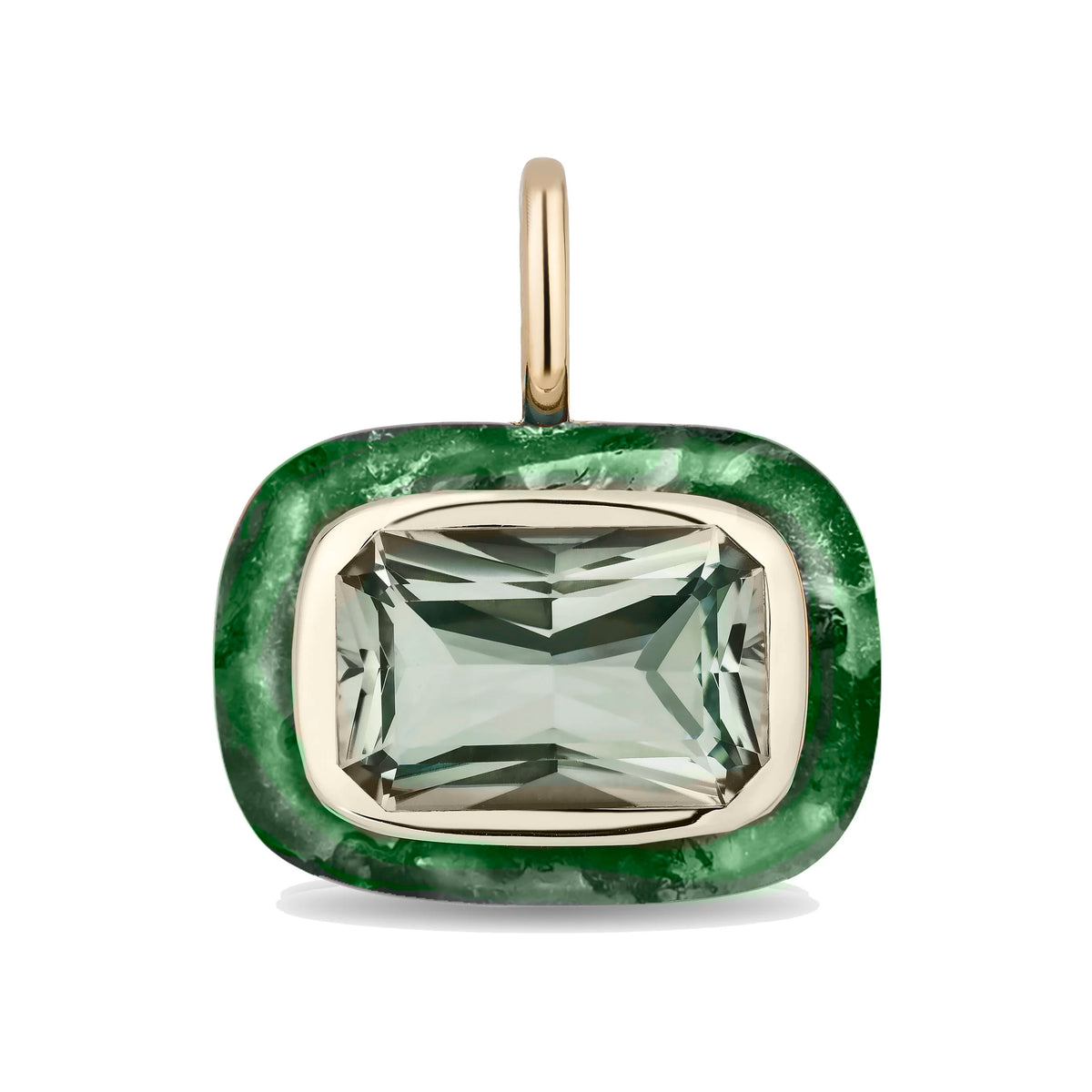 A rectangular cushion-cut pendant featuring a praisolite and, surrounded by a vibrant green brazilian jade and a polished gold-toned metal setting with a hanging loop.