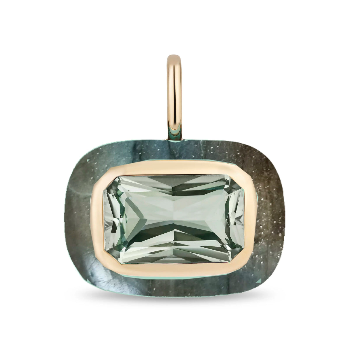 A rectangular cushion-cut pendant featuring a faceted light green gemstone in a gold bezel setting, surrounded by a textured dark green and gray stone inlay, with a polished gold bail at the top, shown on a plain white background.