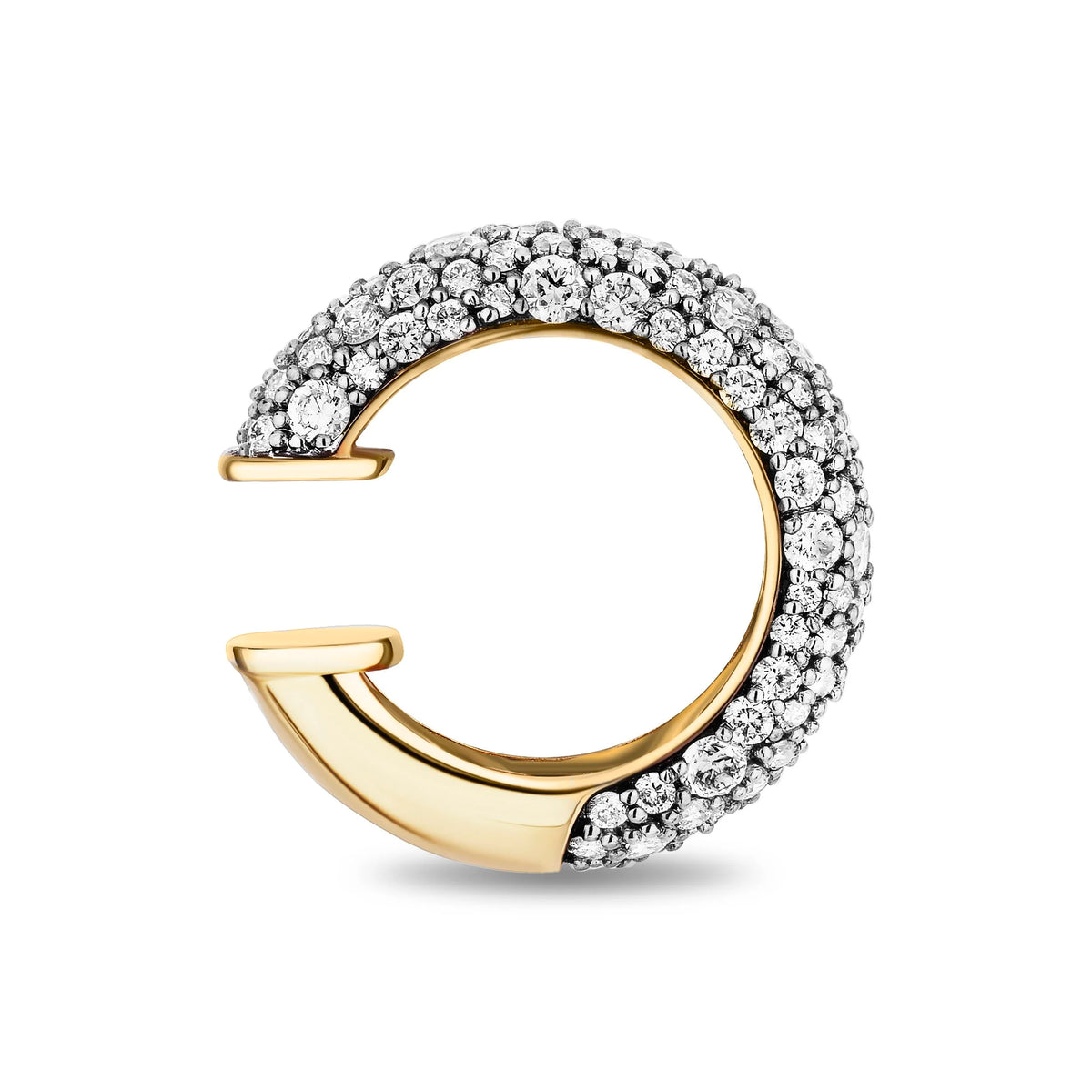 A gold C-shaped ring embellished with pavé-set clear stones on the outer curve, shown on a clean white background.