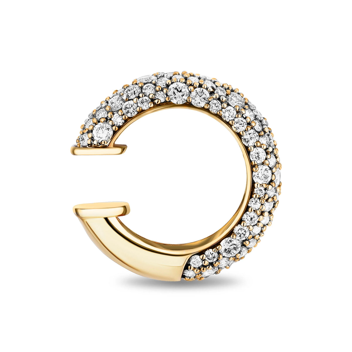 A gold C-shaped hoop earring embellished with pavé-set round diamonds on one half, shown against a plain white background.