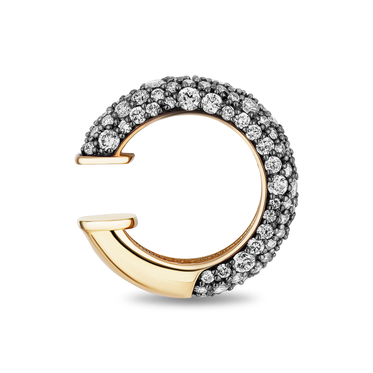A gold C-shaped hoop earring paved with clear round stones, shown on a clean white background.