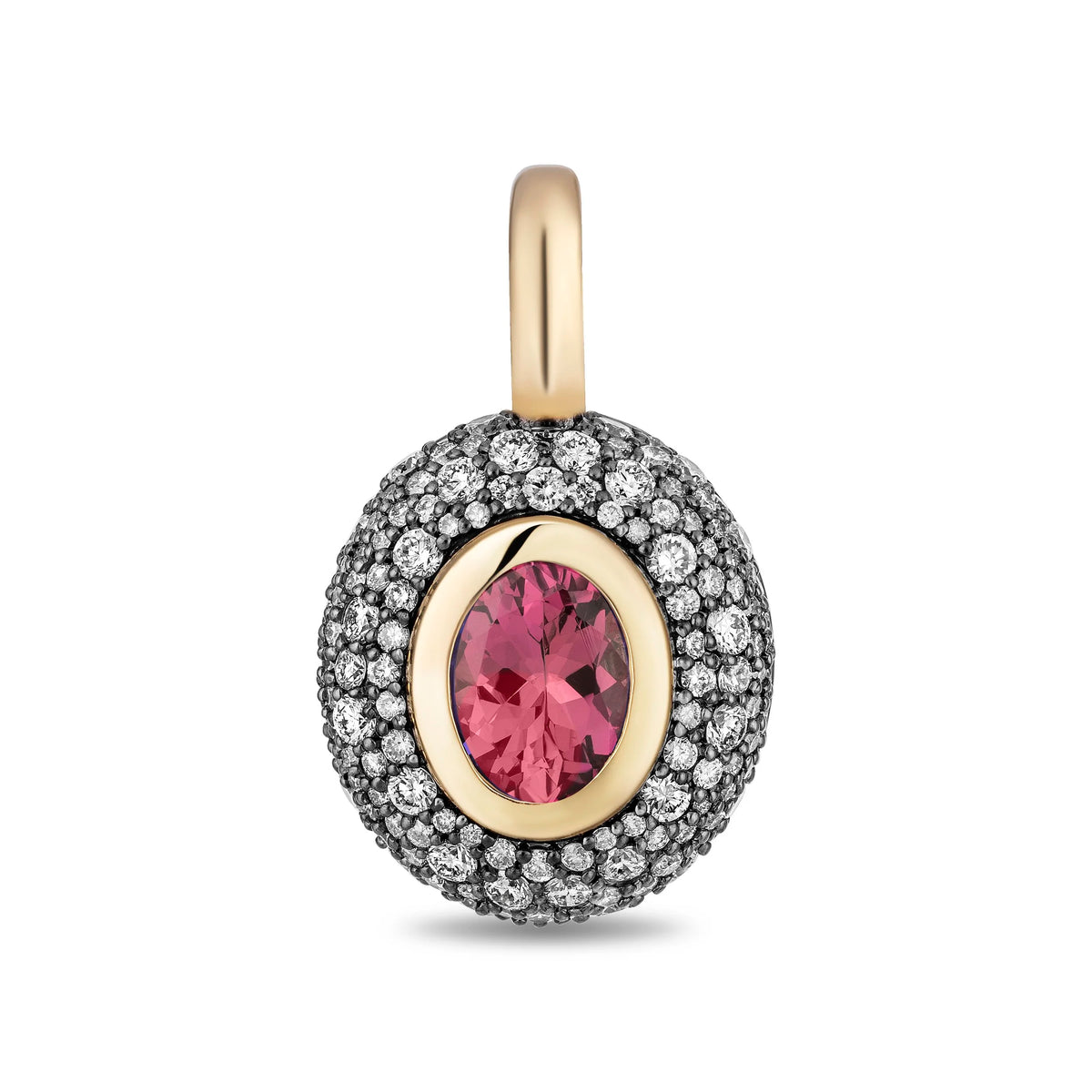 A round pendant charm featuring a central rubellite surrounded by a gold bezel and a surrounding halo of small clear diamonds, set against a plain white background.