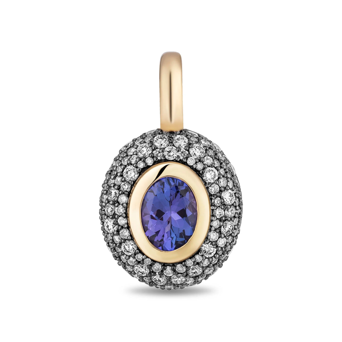 A round pendant featuring a central oval purple tanzanite gemstone surrounded by a gold bezel and a halo of small diamonds, suspended from a gold bail, shown on a white background.