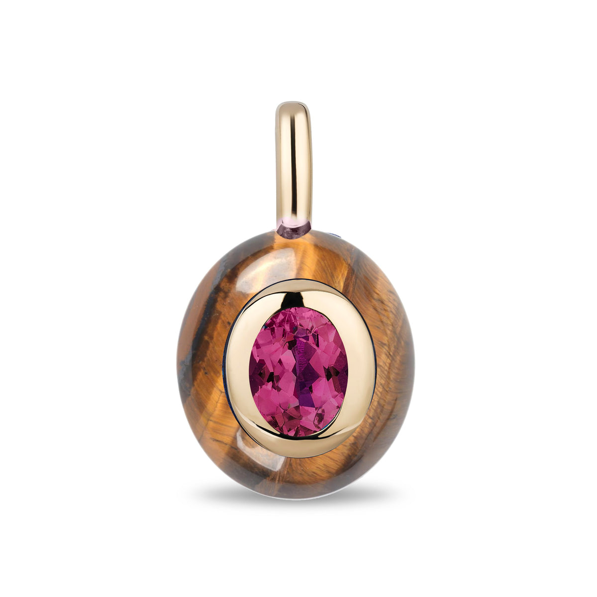 A round pendant featuring a pink oval gemstone in the center, surrounded by a gold bezel and set within a polished tiger's eye disc with a gold bail, on a white background.