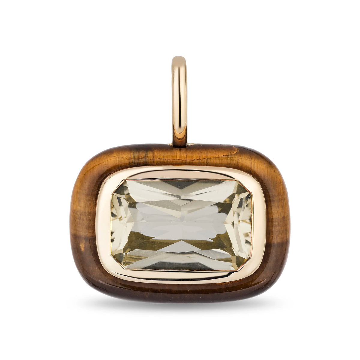 A rectangular pendant featuring a large cushion-cut clear gemstone in a gold-toned bezel, surrounded by a polished brown tiger's eye border and a matching gold bail, shown on a white background.