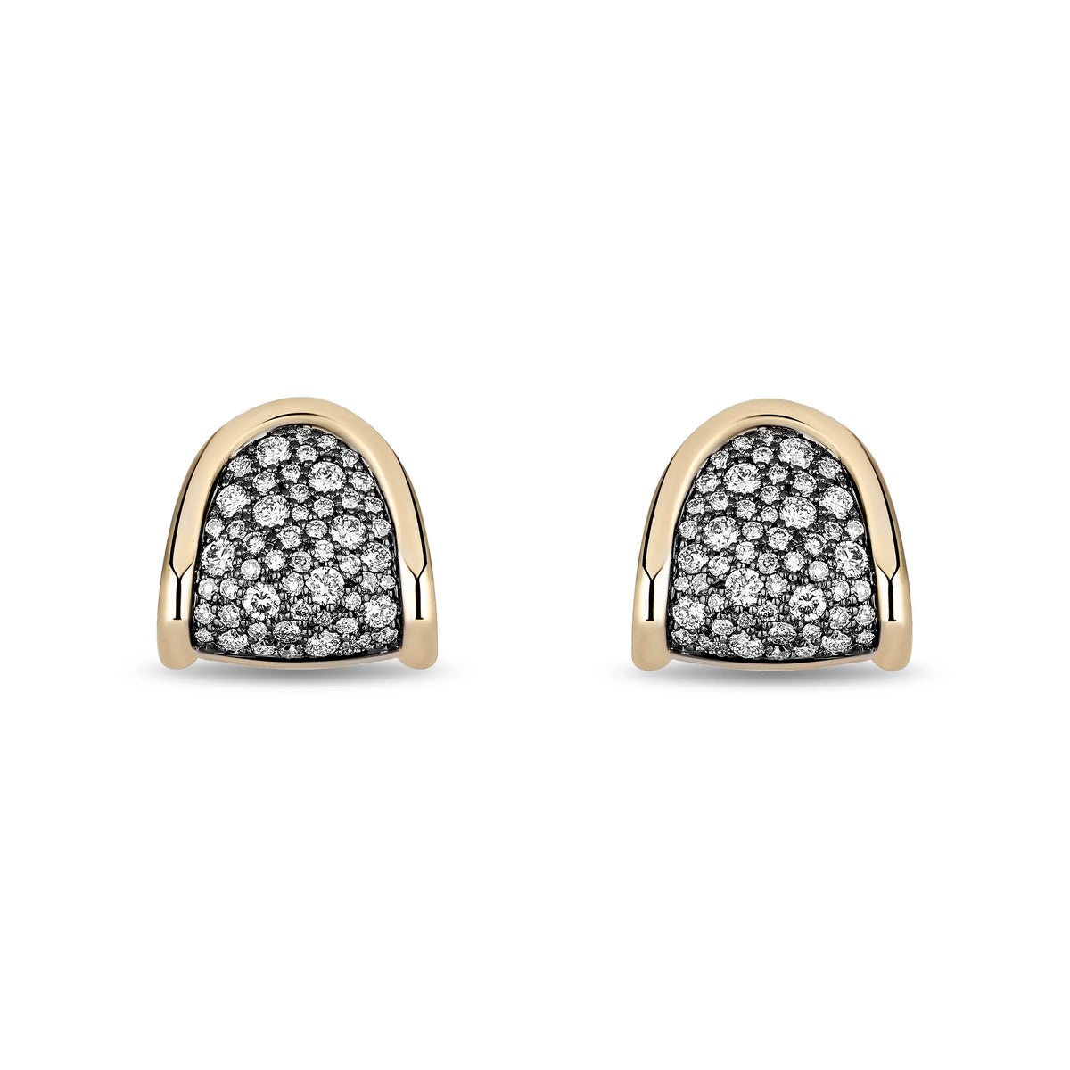 A pair of gold dome-shaped stud earrings with pavé-set clear gemstones, shown on a clean white background.
