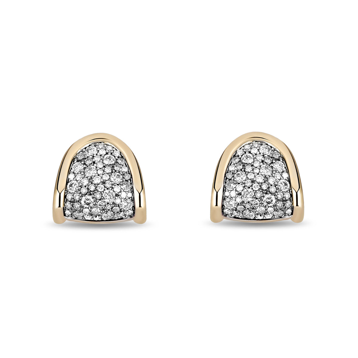 A pair of gold and diamond stud earrings with a semi-circular dome design, set against a plain white background.