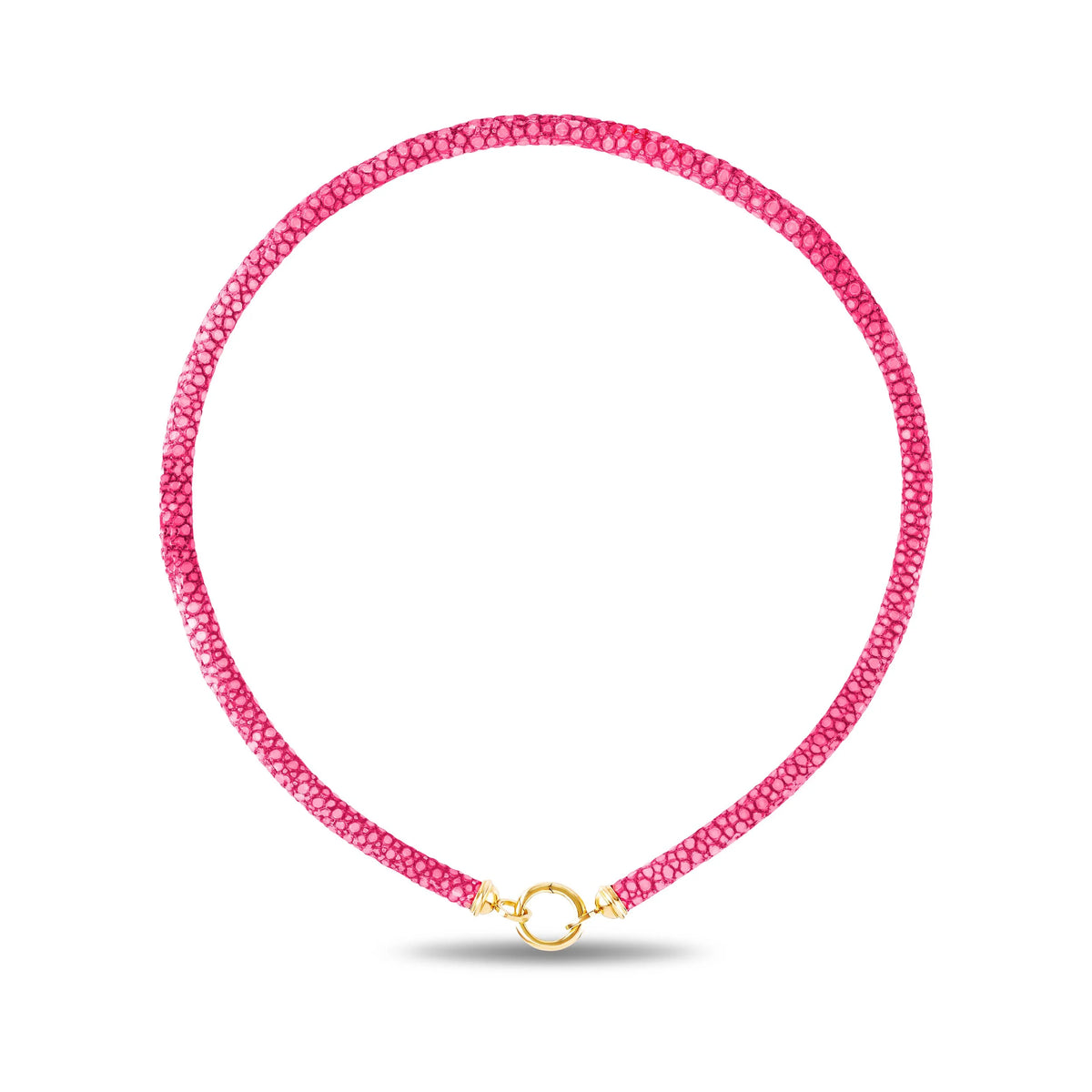 A vibrant pink sting ray leather necklace with a gold clasp, displayed on a clean white background.